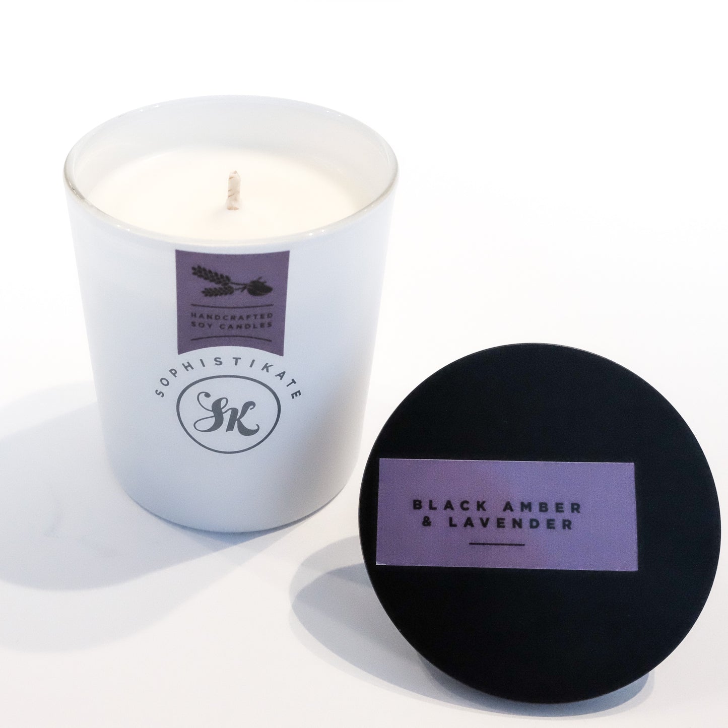 Black Amber & Lavender Soy Wax Candle wick shown and lid on the side - SophistiKate Australia