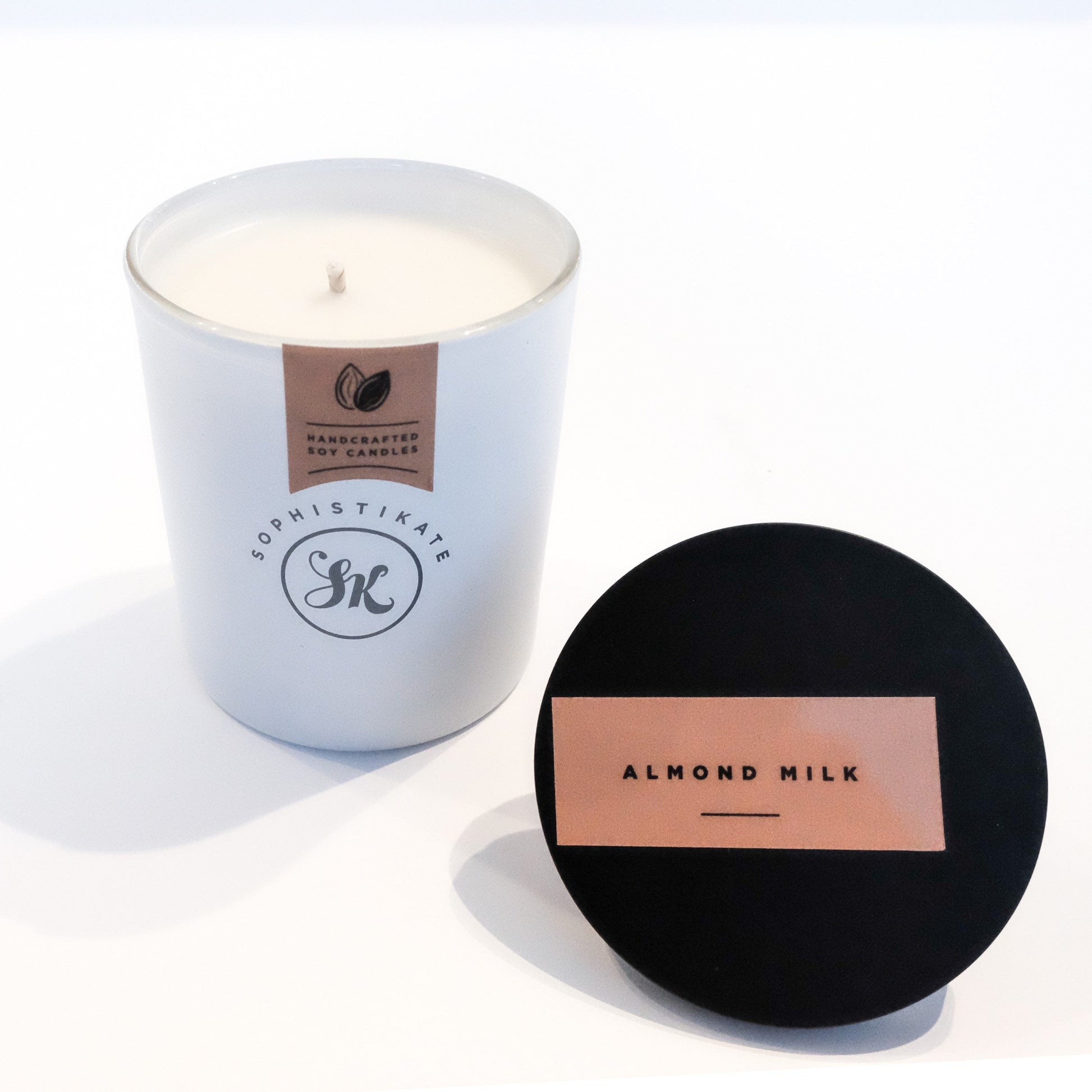 Wick Shown and Lid off Almond Milk Soy Wax Candle - SophistiKate Australia